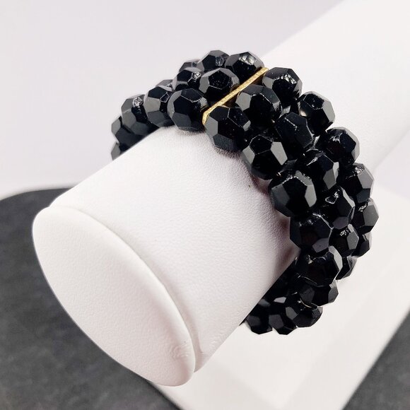 VINTAGE Black plastic beaded memory wire triple layer cuff bracelet 1950s 1960s - Picture 4 of 8